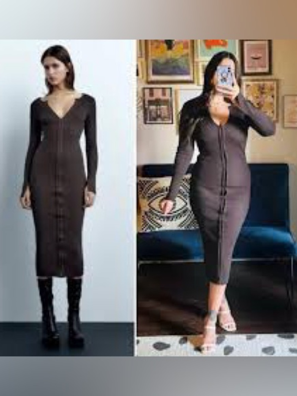 Zara Brown Ribbed Hook Closure Long Sleeve Bodycon Midi Dress Sweater Dress S
